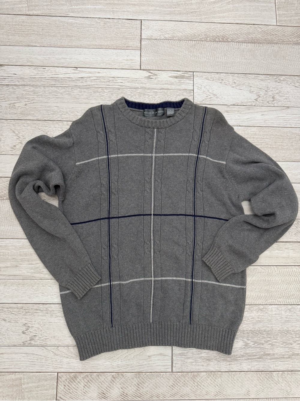 Oscar de la Renta Gray Crewneck Sweater with Navy and Light Gray Windowpane